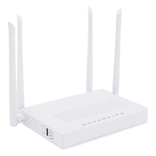 ONU Dual GPON/EPON / Wi-Fi Doble Banda 2.4 y 5 GHz / Soporta MESH / 2 Puertos Gigabit / 1 Puerto PON SC/APC / 1 puerto CATV / Hasta 1200 Mbps vía Wi-Fi