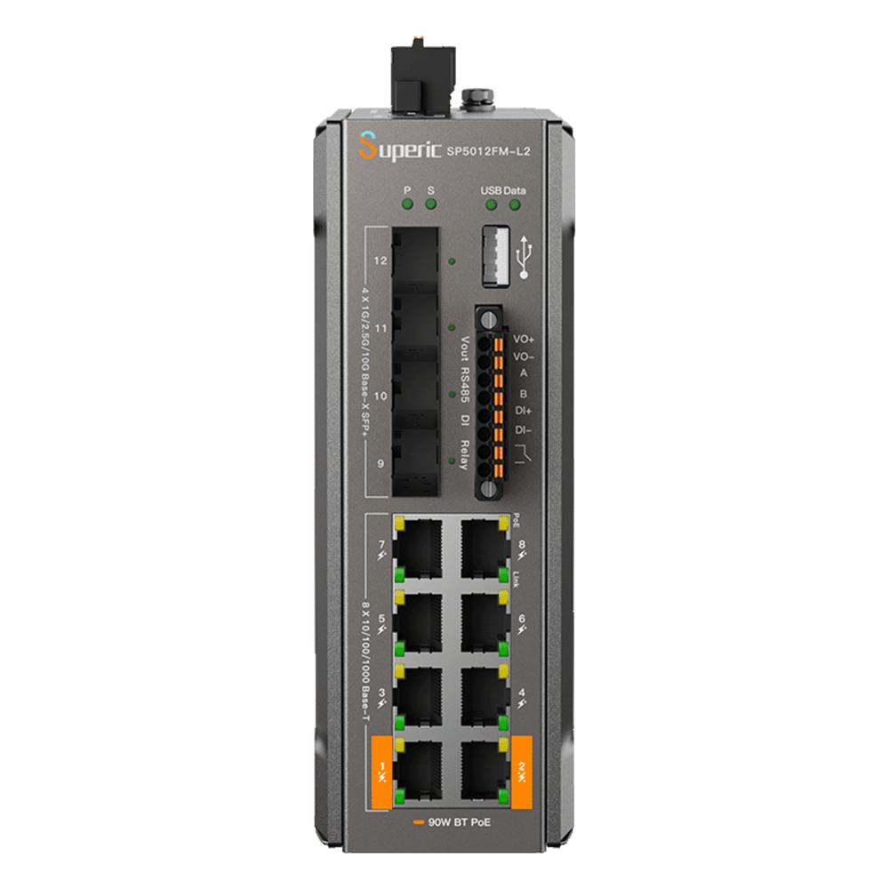 Switch de Red SP5012FM-L2 (V2) / 8 Puertos 10/100/1000Mbps PoE / 4 Puertos SFP 1000M/2.5G/10Gbps / Capacidad de Conmutación 96Gbps / Presupuesto PoE 240W / Alimentación Dual DC / Instalación DIN-rail, Pared o Escritorio / Certificaciones CE, FCC, RoHS,