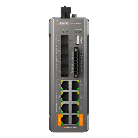 Switch de Red SP5012FM-L2 (V2) / 8 Puertos 10/100/1000Mbps PoE / 4 Puertos SFP 1000M/2.5G/10Gbps / Capacidad de Conmutación 96Gbps / Presupuesto PoE 240W / Alimentación Dual DC / Instalación DIN-rail, Pared o Escritorio / Certificaciones CE, FCC, RoHS,