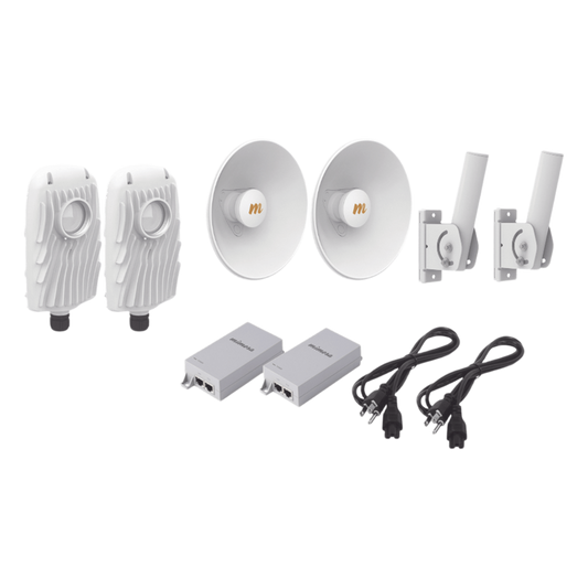 Kit de 2 radios B5X con kit de antenas (20dBi), rango de frecuencia extendida (4.9 a 6.4 GHz),  incluye inyector POE, cable de alimentación y 2 FLEXIMOUNT-XL para alineación, distancia de hasta 8 km