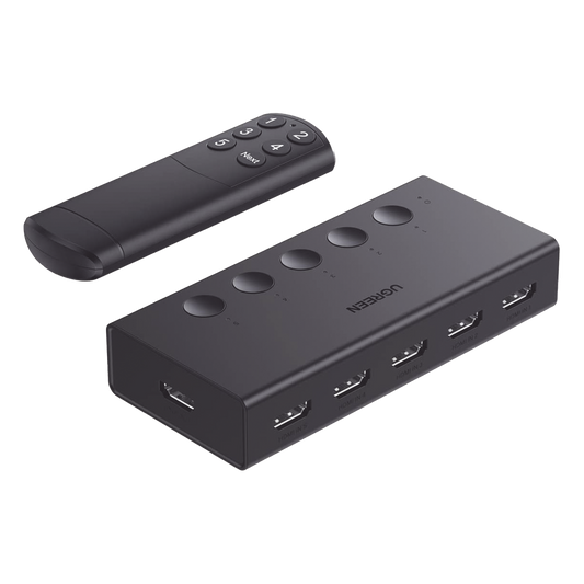 Conmutador HDMI 5X1 | 4K@60Hz | HDMI 2.0, 1.4 | HDCP 2.2, 1.4 | VRR | Dynamic HDR | 3D | CEC | EDID | IR 10 Metros (32.81 Pies) | 18Gbps | Cambio Manual y por Control Remoto | Incluye Cable de Alimentación USB