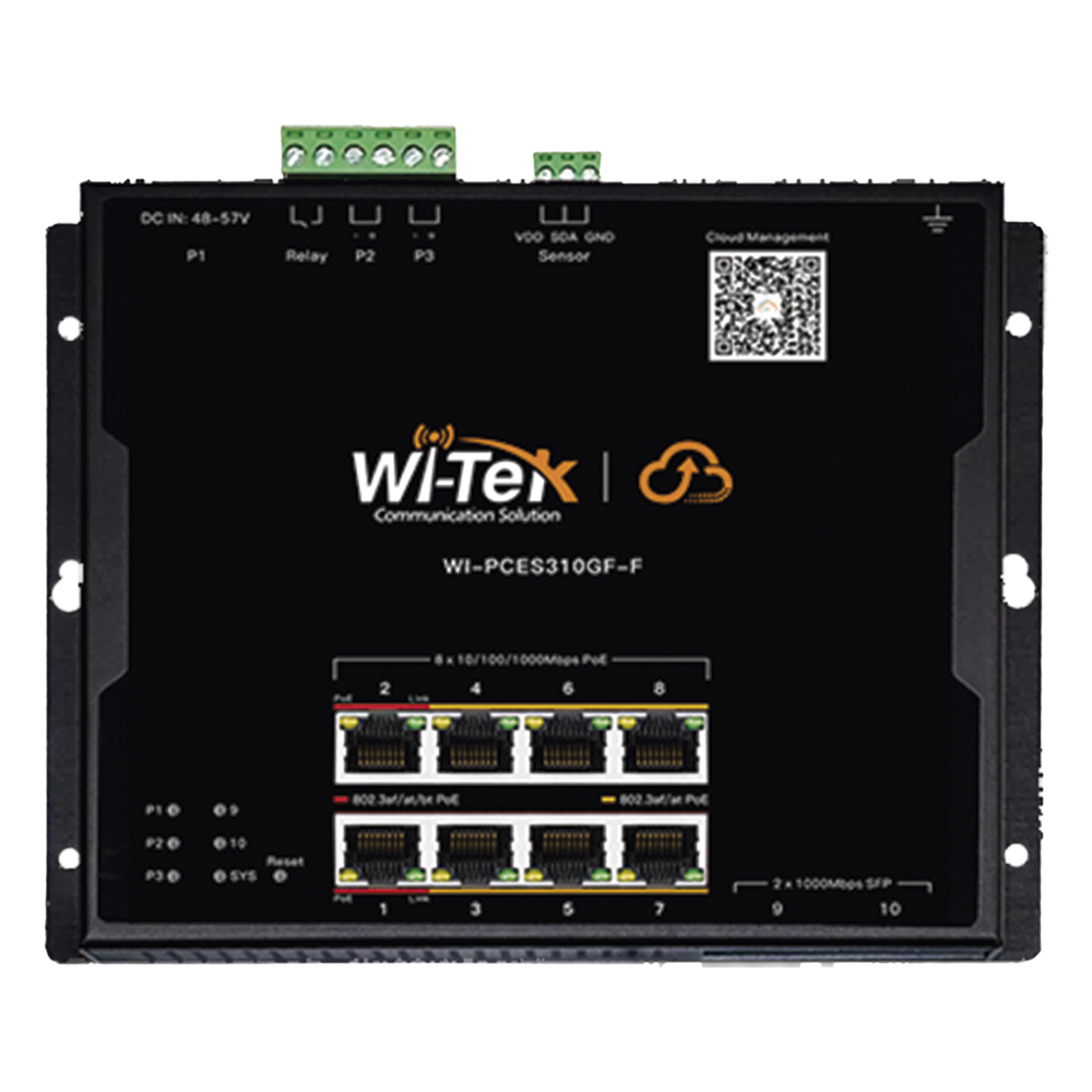 Switch L2 PoE Industrial / Administración Cloud Gratuita / 8 Puertos PoE af/at/bt 10/100/1000 Mbps / 2 Puertos SFP Gigabit / Máx Presupuesto PoE 145 W / Montaje Magnético - Riel DIN.