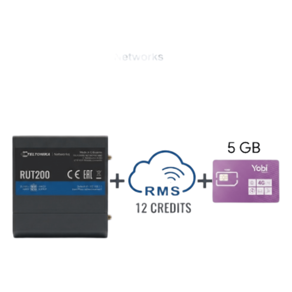 Router Teltonika LTE/4G RUT200 + 12 creditos RMS  + SIM de YOBI de 5GB por Mes durante un año de servicio (solo datos)