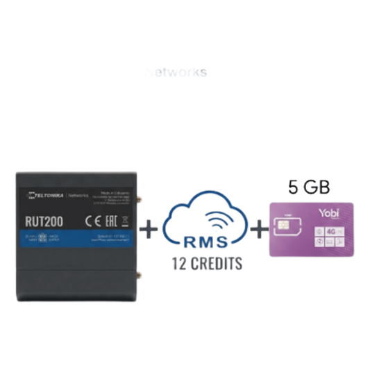 Router Teltonika LTE/4G RUT200 + 12 creditos RMS  + SIM de YOBI de 5GB por Mes durante un año de servicio (solo datos)