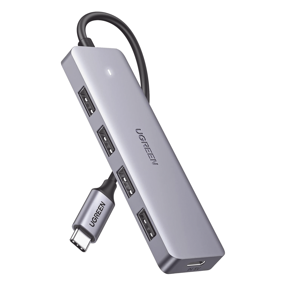 HUB USB-C 3.0 4 EN 1 | 4 Puertos USB-A (5Gbps) | Carcasa ABS + PC | Soporta OTG | Luz Indicadora LED | Compatible con iPhone 15 Pro MAX) | Interfaz Niquelada | Color Gris Metalizado | Cable de 15cm.