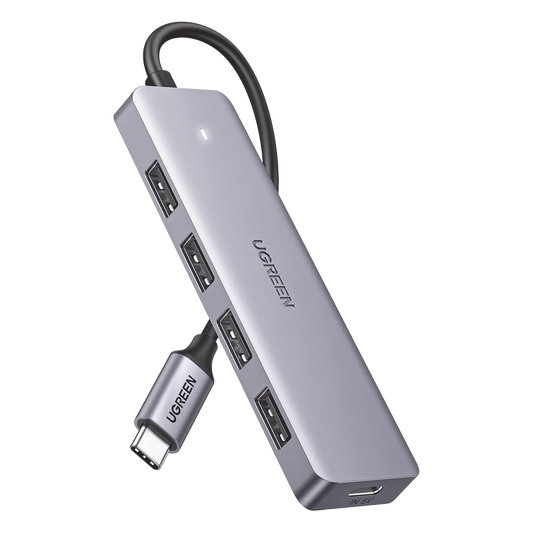 HUB USB-C 3.0 4 EN 1 | 4 Puertos USB-A (5Gbps) | Carcasa ABS + PC | Soporta OTG | Luz Indicadora LED | Compatible con iPhone 15 Pro MAX) | Interfaz Niquelada | Color Gris Metalizado | Cable de 15cm.
