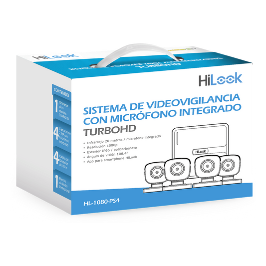 Kit TurboHD 1080p Lite / DVR 4 canales / Audio por Coaxitron / 4 Cámaras Bala de Policarbonato con Micrófono Integrado