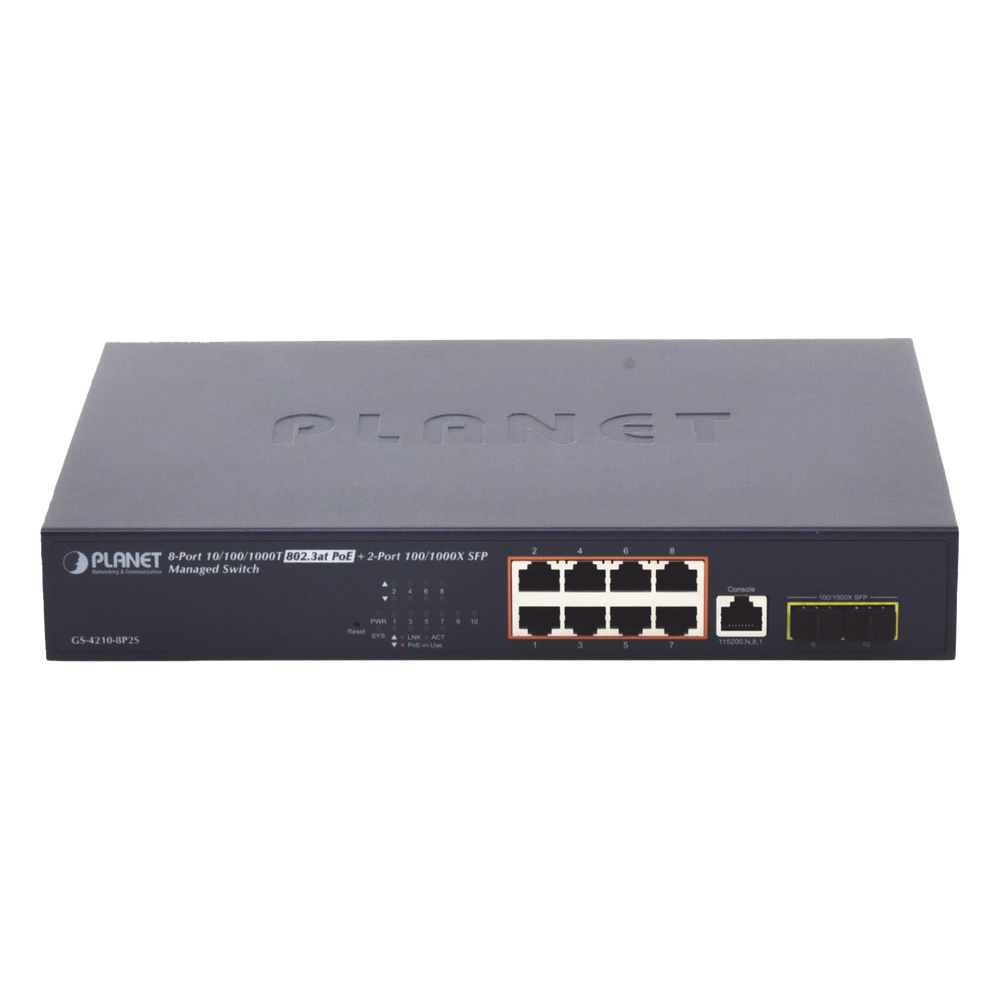 Switch Administrable Capa 2, 8 Puertos PoE 802.3af/at Gigabit, 140 W Max, 2 Puertos SFP, Modo Extendido Hasta 250 m, Soporta Administración en Nube CloudNMS ( HW Rev. 3.0 en Adelante).