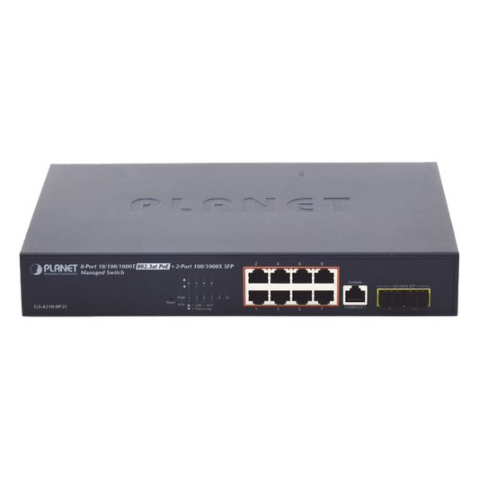Switch Administrable Capa 2, 8 Puertos PoE 802.3af/at Gigabit, 140 W Max, 2 Puertos SFP, Modo Extendido Hasta 250 m, Soporta Administración en Nube CloudNMS ( HW Rev. 3.0 en Adelante).