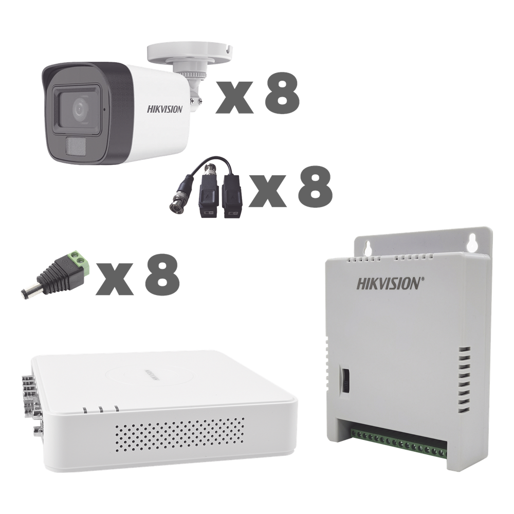 KIT TurboHD 1080p / DVR 8 Canales con audio por coaxitron / 8 Cámaras con Micrófono Integrado 101° Visión/  luz blanca + IR visión nocturna  / Transceptores / Conectores / Fuente de Poder Profesional