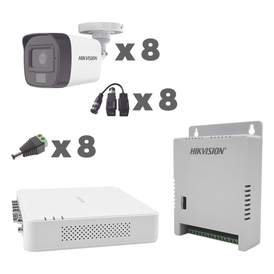 KIT TurboHD 1080p / DVR 8 Canales con audio por coaxitron / 8 Cámaras con Micrófono Integrado 101° Visión/  luz blanca + IR visión nocturna  / Transceptores / Conectores / Fuente de Poder Profesional