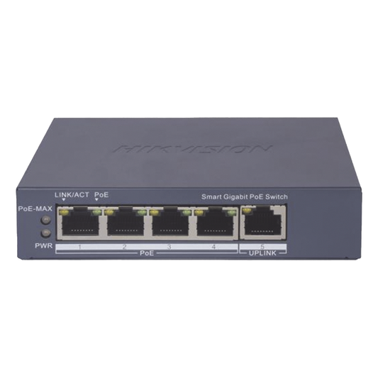 Switch Gigabit PoE+ / Administrable / 4 Puertos 1000 Mbps PoE+ / 1 Puerto 1000 Mbps Uplink / Configuración Nube Hik-PartnerPro / Modo Extendido hasta 300 Metros / 60 Watts