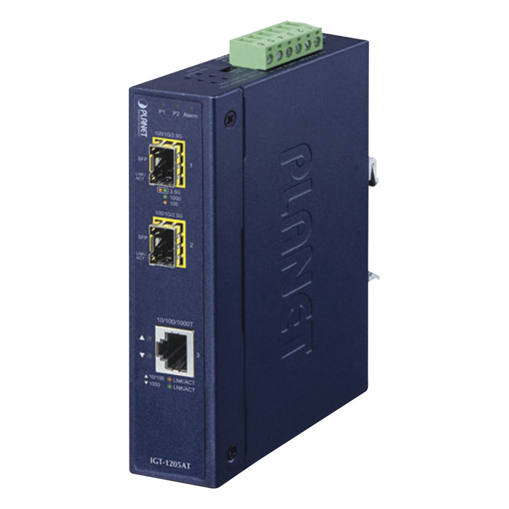 Convertidor de Medios Industrial de 1 Puerto Ethernet 10/100/1000 Base-T a 2 Puertos SFP 100/1000/2500 Base-X