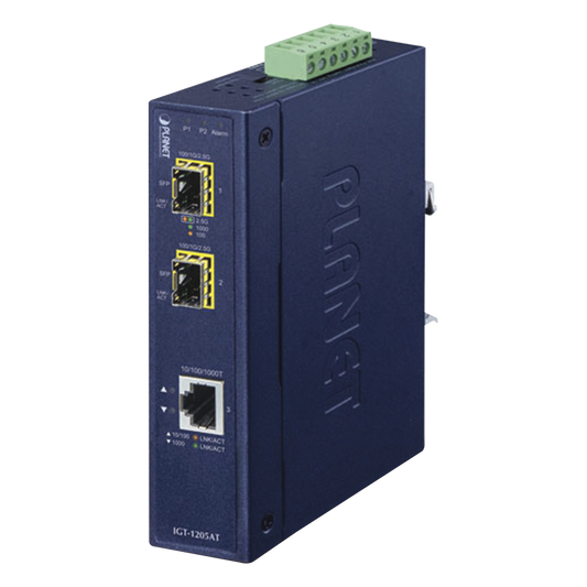 Convertidor de Medios Industrial de 1 Puerto Ethernet 10/100/1000 Base-T a 2 Puertos SFP 100/1000/2500 Base-X