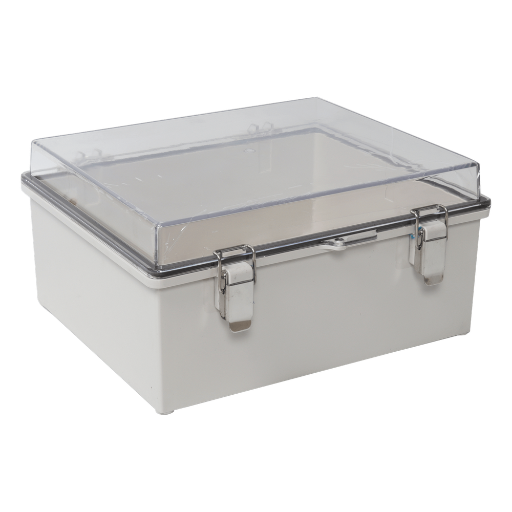 Gabinete Plástico ABS, Puerta Transparente, Uso en Intemperie IP66 (170 x 220 x 110 mm) Cierre por Broches Inoxidables y Permite Cerrado por Candado y Llave (Perno 5mm) No Incluido