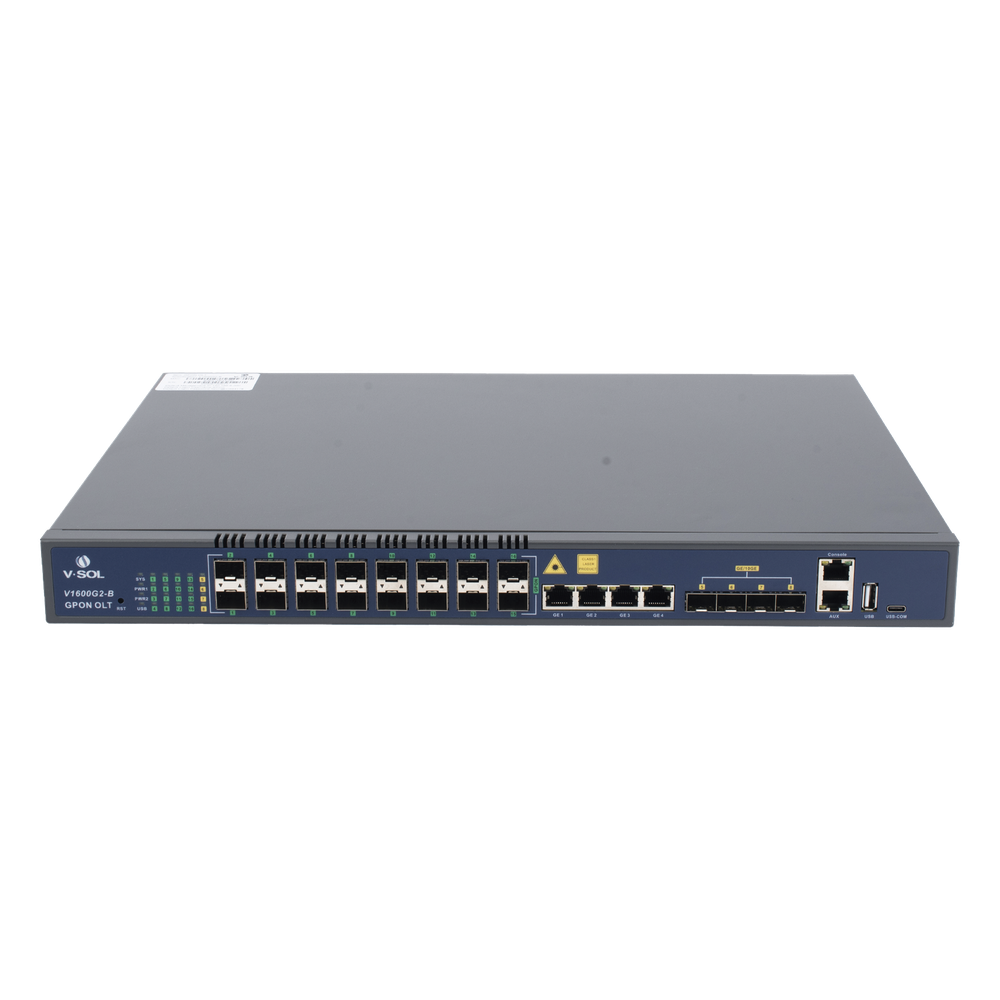 OLT de 16 puertos GPON con 8 puertos Uplink (4 puertos Gigabit Ethernet + 4 puertos SFP / puertos SFP+) hasta 2,048 ONUs
