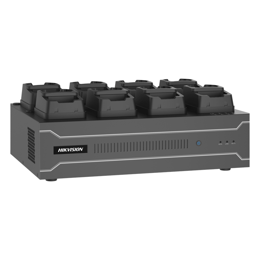 Dock Station de Escritorio con 8 Estaciones de Carga para Body Cams / Doble Interfaz de Red / 4 Bahías de HDD / Carga y Respaldo Automático / Prevención de Pérdida de Datos / Cobertura Cíclica / Reproducción d