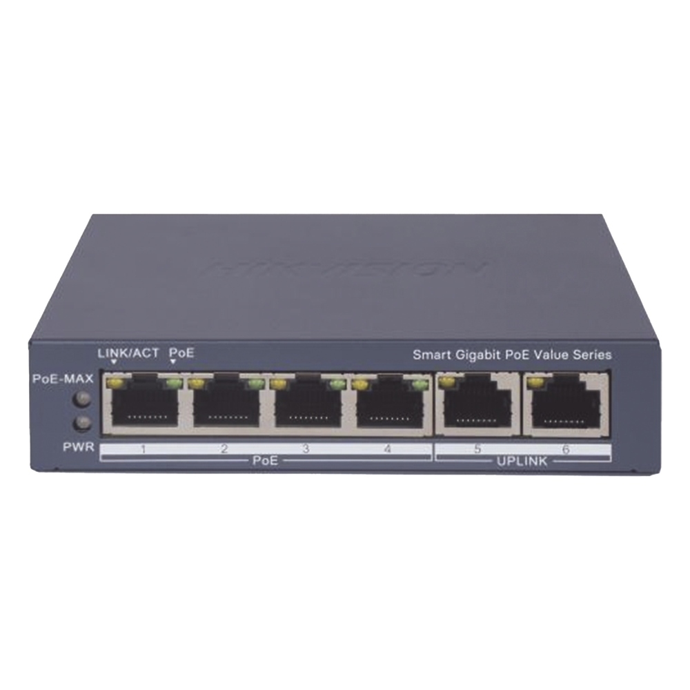 Switch Gigabit PoE+ / Administrable / 4 Puertos 1000 Mbps PoE+ / 2 Puertos 1000 Mbps Uplink / Configuración Nube Hik-PartnerPro / Modo Extendido hasta 300 Metros / 45 Watts