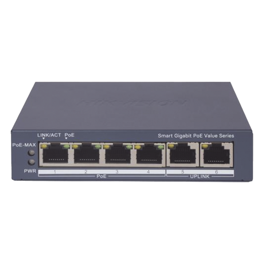 Switch Gigabit PoE+ / Administrable / 4 Puertos 1000 Mbps PoE+ / 2 Puertos 1000 Mbps Uplink / Configuración Nube Hik-PartnerPro / Modo Extendido hasta 300 Metros / 45 Watts