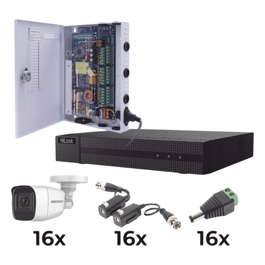 KIT TurboHD 1080p / DVR 16 Canales / 16 Cámaras Bala Policarbonato con Microfono (exterior 2.8 mm) / Transceptores / Conectores / Fuente de Poder Profesional