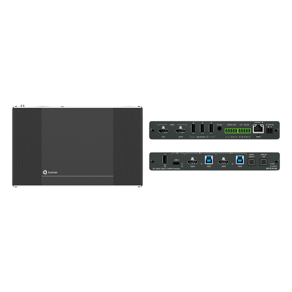 Auto-Switcher | 1 USB-C + 2 HDMI/USB Inputs | HDMI Output | USB 3.2 Switching | 4K@60Hz | HDCP 2.3 | PoE | MegaTOOLS Enclosure