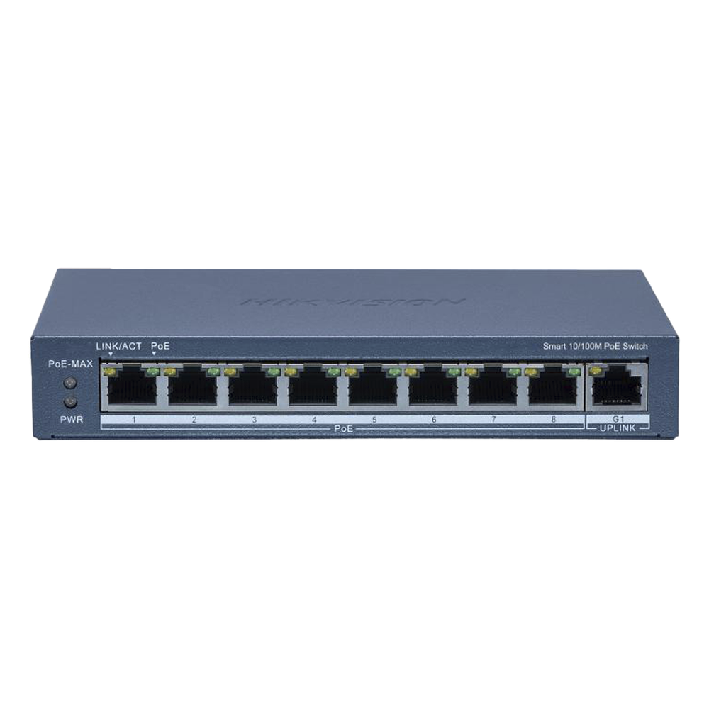 Switch PoE+ / Monitoreable / 8 Puertos 10/100 Mbps PoE+ / 1 Puerto 1000 Mbps Uplink /  Configuración Nube Hik-Partner Pro / Modo Extendido hasta 300 metros / 60 W