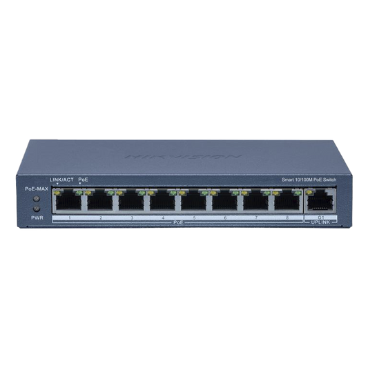 Switch PoE+ / Monitoreable / 8 Puertos 10/100 Mbps PoE+ / 1 Puerto 1000 Mbps Uplink /  Configuración Nube Hik-Partner Pro / Modo Extendido hasta 300 metros / 60 W