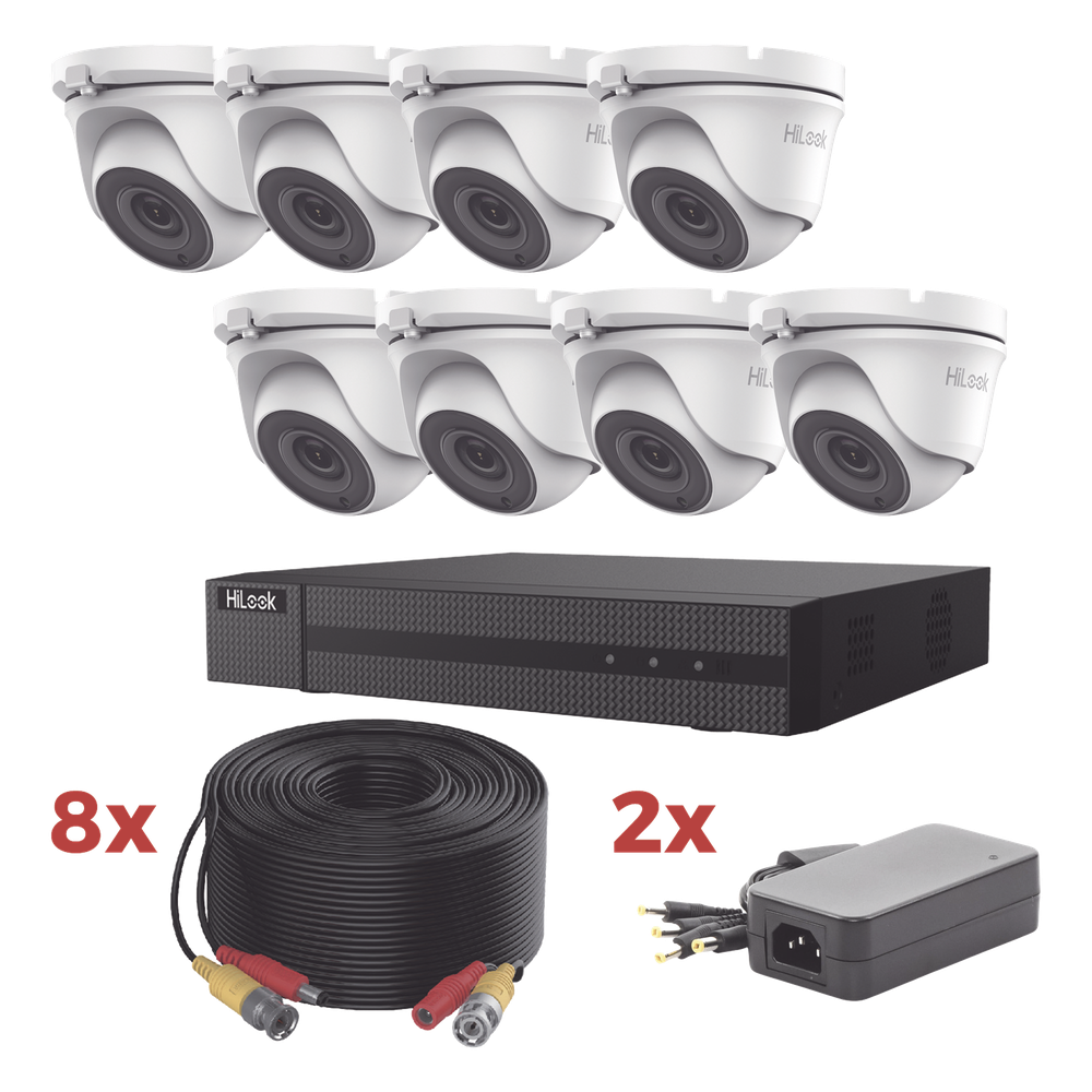 Kit TurboHD / DVR 8 Canales 1080p Lite / 8 Cámaras turret 1080p metalicas / 8 cables de 20 metros / 2 fuentes de 4 canales