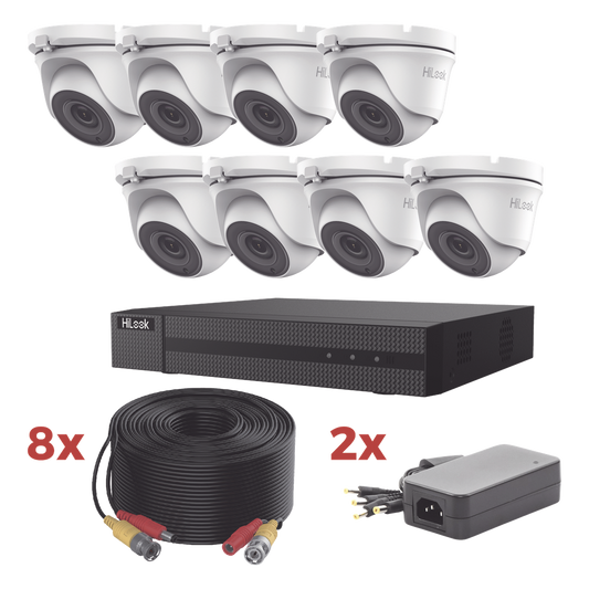 Kit TurboHD / DVR 8 Canales 1080p Lite / 8 Cámaras turret 1080p metalicas / 8 cables de 20 metros / 2 fuentes de 4 canales