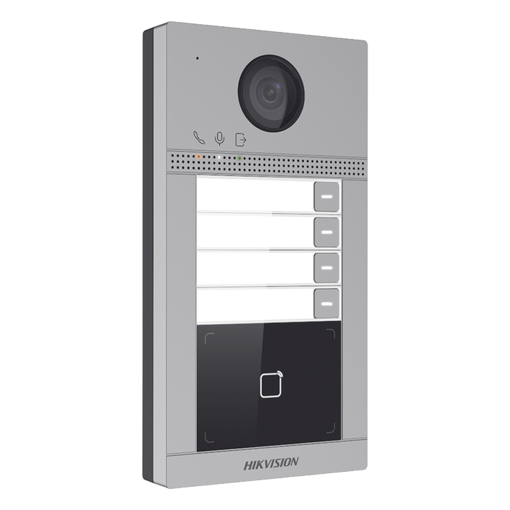 Videoportero IP 2 Megapixel / Llamada y Apertura Remota desde App Hik-Connect (Requiere monitor )/ PoE / Exterior IP65 + Antivandalico IK08 / 4 Departamento / Apertura con Tarjeta / Soporta 2 Puertas y hasta 6 Monitores