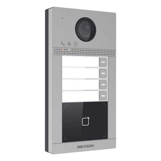 Videoportero IP 2 Megapixel / Llamada y Apertura Remota desde App Hik-Connect (Requiere monitor )/ PoE / Exterior IP65 + Antivandalico IK08 / 4 Departamento / Apertura con Tarjeta / Soporta 2 Puertas y hasta 6 Monitores