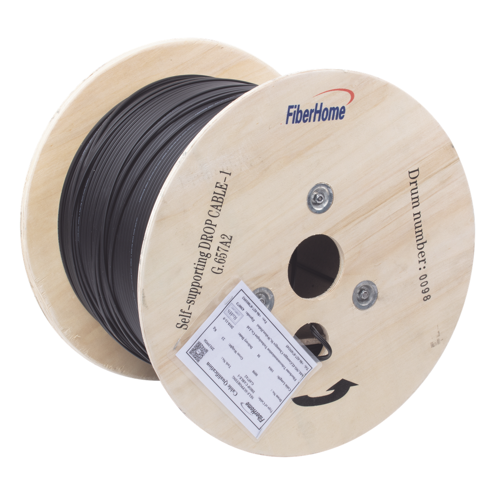 Carrete de 1 km de Fibra Óptica Aérea Mini Figura 8 G.657A2 Tipo Drop, Monomodo de 1 Hilo (Unifibra), Color Negro, Span 80