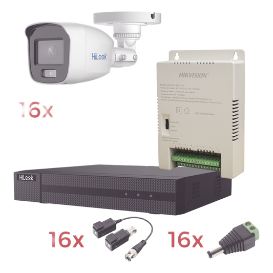 Kit TurboHD 1080p Lite / DVR 16 Canales / 16 Cámaras Bala Exterior ( 2.8mm) con ColorVu + Micrófono Integado / Transceptores / Conectores / Fuente de Poder Profesional