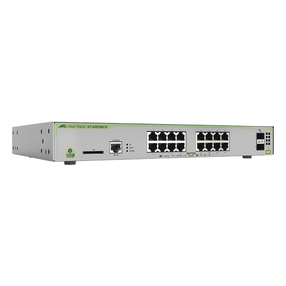 Switch PoE+ Administrable CentreCOM GS970M, Capa 3 de 16 Puertos 10/100/1000 Mbps + 2 SFP Gigabit, 247 W