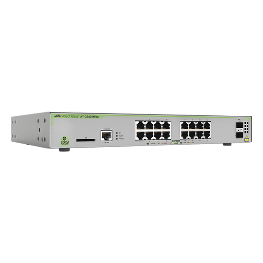 Switch PoE+ Administrable CentreCOM GS970M, Capa 3 de 16 Puertos 10/100/1000 Mbps + 2 SFP Gigabit, 247 W