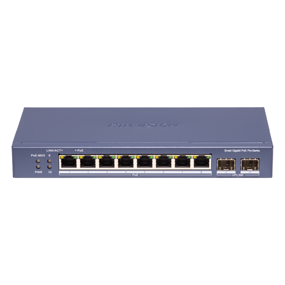 Switch PoE+ / Administrable / 8 Puertos 1000 Mbps PoE+/ 2 Puertos SFP / Configuración Nube desde Hik-PartnerPro / Modo Extendido hasta 300 Metros / 110 W