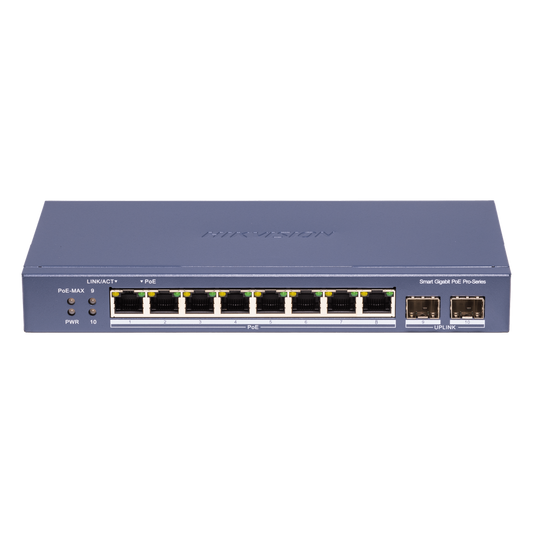 Switch PoE+ / Administrable / 8 Puertos 1000 Mbps PoE+/ 2 Puertos SFP / Configuración Nube desde Hik-PartnerPro / Modo Extendido hasta 300 Metros / 110 W