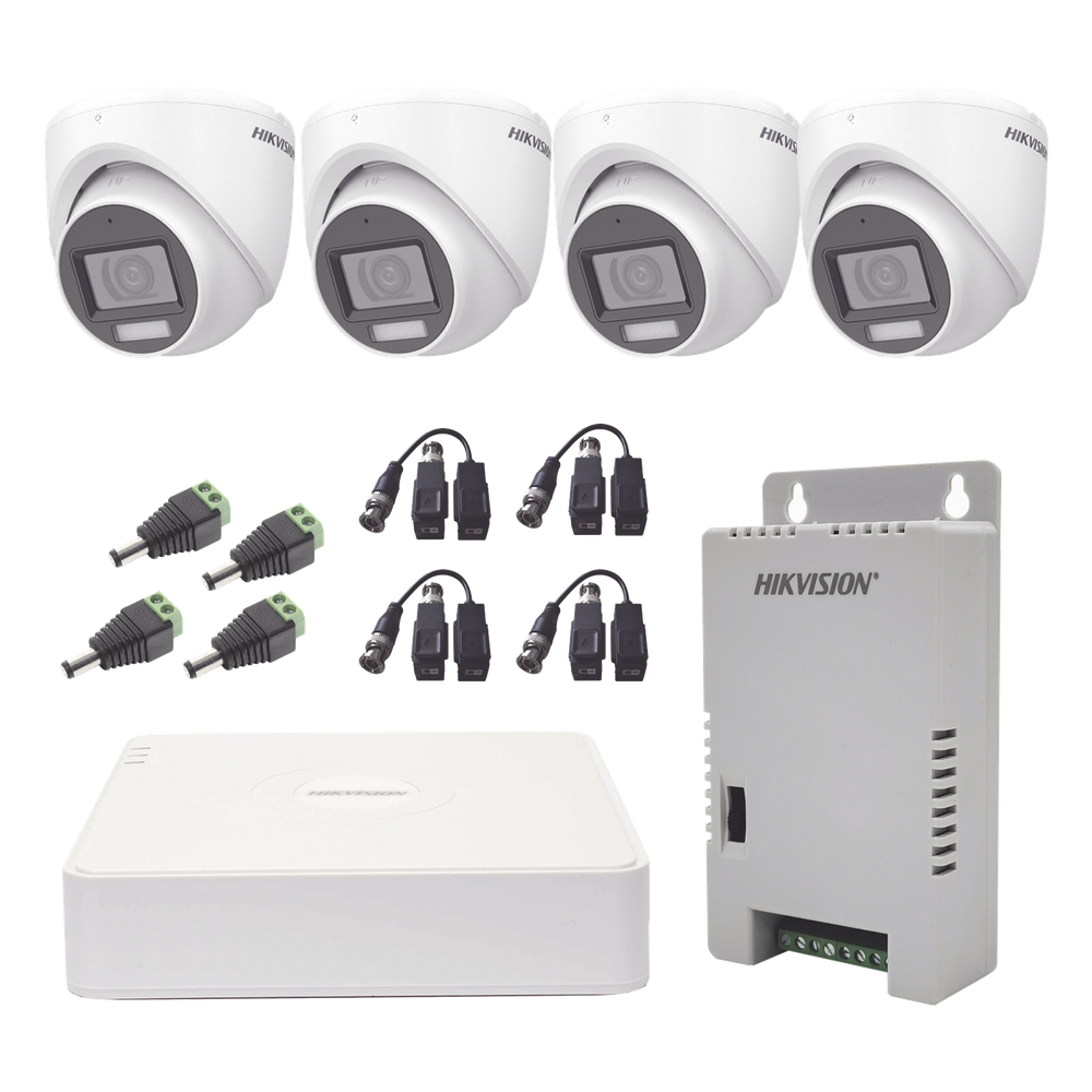 KIT TurboHD 1080p / DVR 4 Canales con audio por coaxitron / 4 Cámaras con Micrófono y  106° Visión/  luz blanca + IR visión nocturna  / Transceptores / Conectores / Fuente de Poder Profesional
