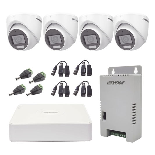 KIT TurboHD 1080p / DVR 4 Canales con audio por coaxitron / 4 Cámaras con Micrófono y  106° Visión/  luz blanca + IR visión nocturna  / Transceptores / Conectores / Fuente de Poder Profesional