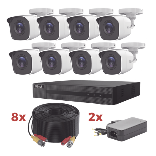Kit TurboHD / DVR 8 Canales 1080p Lite / 8 Cámaras bala 1080p metalicas / 8 cables de 20 metros / 2 fuentes de 4 canales