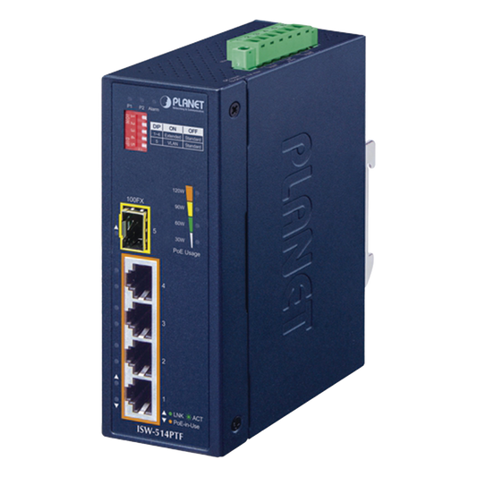 Switch industrial, Temperatura de Operación: -40 a 75ºC, 4 puertos PoE 10/100 + 1 Puerto 100Base-FX