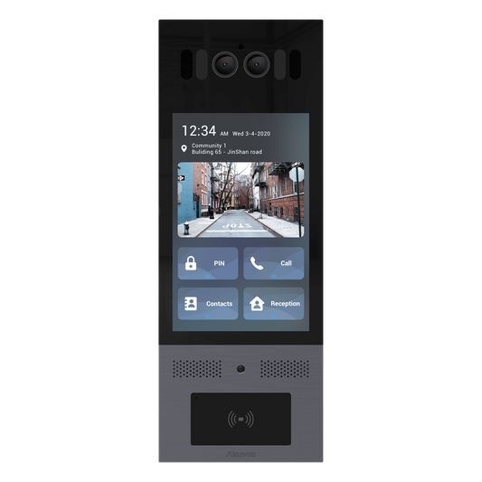 Frente de Calle Antivandálico IK10 / Incluye montaje / Administración 100% en la Nube / Notificación a APP / Llamada Telefónica / ANDROID / SIP / ONVIF /Reconocimiento Facial / QR y PIN para Visitas / IP66 / Bluetooth / NFC