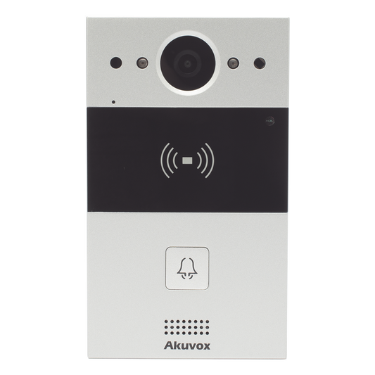 Videoportero de 1 Botón / Lector de Tarjetas MIFARE y PROX EM / Notificación a APP / 100% en la Nube / Notificación por Llamada Telefónica / SIP / ONVIF / IP65 / Cámara 2MP / Panel de Aluminio / Control de 2 Puertas