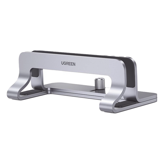 Soporte Vertical para Laptop / Adecuado para escritorio / Anchura Ajustable (12-26mm) / Amplia compatibilidad / Anti-Arañazos / Anti-Deslizante /Ajustable Mediante Tornillos / Color Plata / Aluminio + Silicona