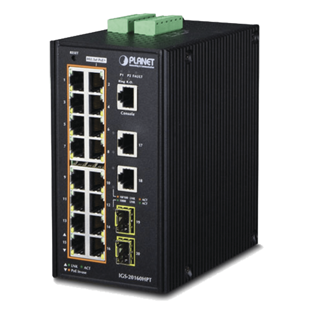 Switch Industrial Administrable 16 puertos 10/100/1000 T 802.3at PoE + 2 Puertos 10/100/1000 T + 2 puertos 100/1000 X SFP