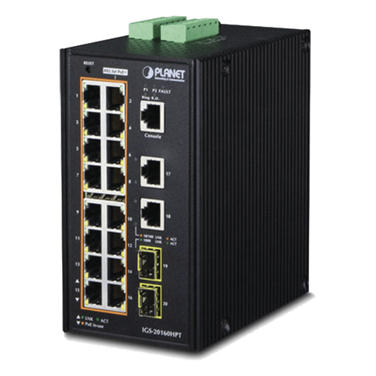 Switch Industrial Administrable 16 puertos 10/100/1000 T 802.3at PoE + 2 Puertos 10/100/1000 T + 2 puertos 100/1000 X SFP