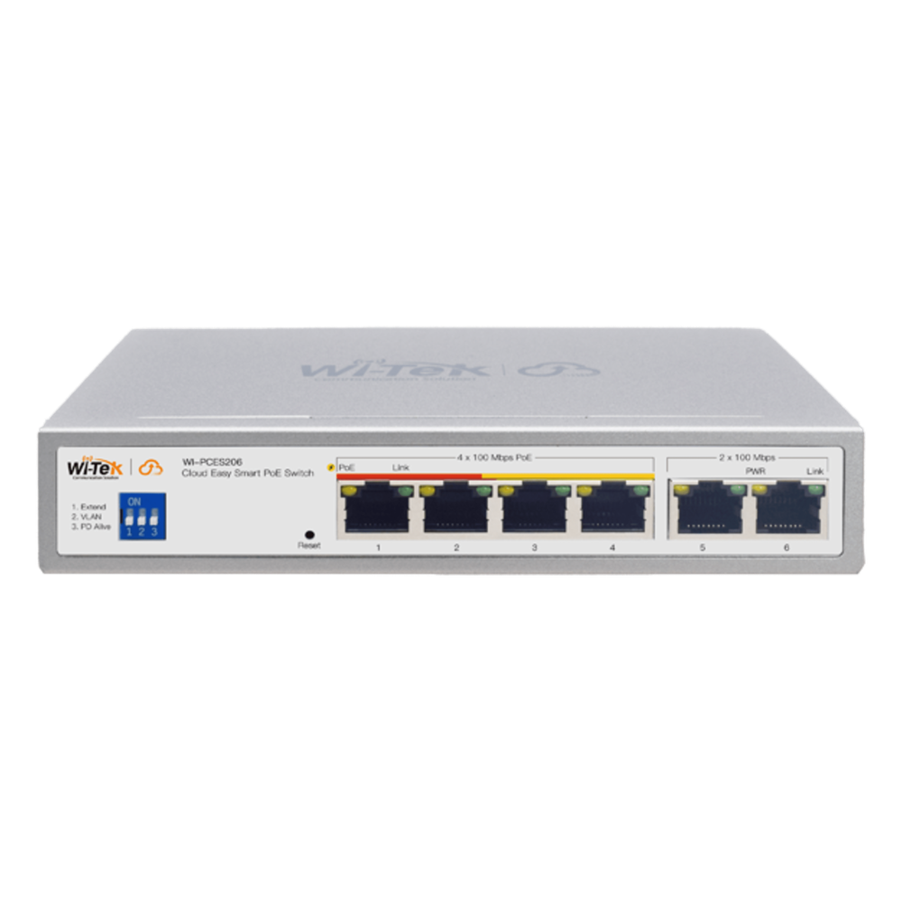 Switch PoE / Administración en la nube / Con 4 puertos 10/100 Mbps PoE af/at / 2 Puertos Uplink 10/100 Mbps / Presupuesto 60 W / PoE hasta 250 metros / Soporta protocolo ONVIF