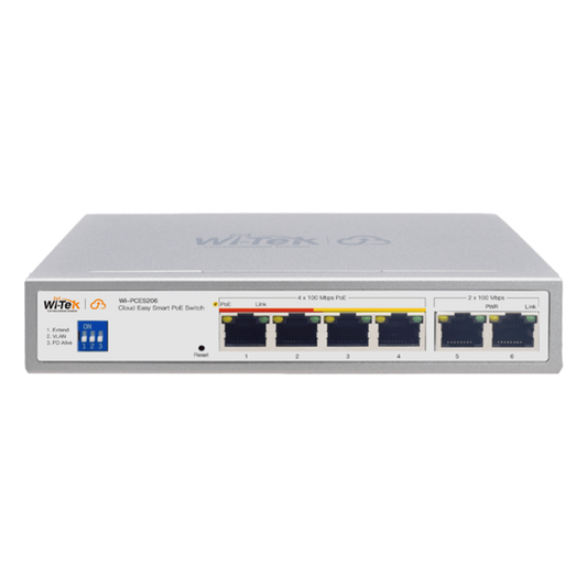 Switch PoE / Administración en la nube / Con 4 puertos 10/100 Mbps PoE af/at / 2 Puertos Uplink 10/100 Mbps / Presupuesto 60 W / PoE hasta 250 metros / Soporta protocolo ONVIF