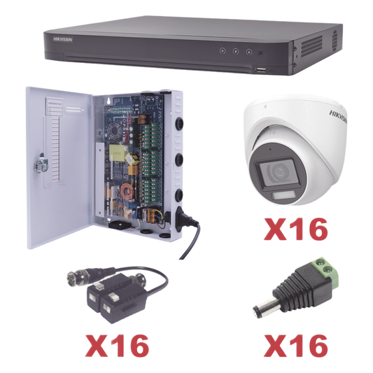 KIT TurboHD 1080p / DVR 16 Canales / 16 Cámaras Turret con Audio Integrado (Exterior 2.8 mm) / Transceptores / Conectores / Fuente de Poder Profesional