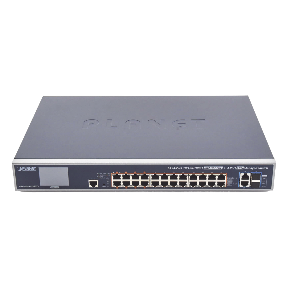 Switch Administrable L3, 24 puertos Gigabit PoE 802.3bt, 2 puertos 10G SFP+, Pantalla Tactil, Fuente Redundante, (600W)